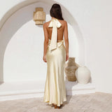 Women's dress: european and american cross-border spring/summer sexy cinched waist halter backless solid color sleeveless evening gown dress for women
