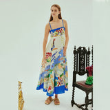 Women's dress - european & american style, cross-border aliexpress, independent website, sexy spaghetti strap, graffiti cotton linen print, maxi swing dress for women