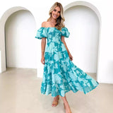 Women's summer dress - cross-border e-commerce, european & american style - amazon-ready off-the-shoulder chiffon dress with bubble sleeves and tiered print