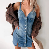 Women's dress - amazon style european and american button-down cardigan denim dress - sexy hot girl deep v-neck slip dress