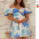 Women's dress - amazon cross-border fashion: european & american summer elegant print hollow-out v-neck puff sleeve mini dress