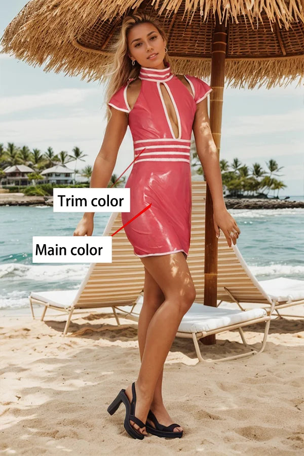 Women Red Latex Mini Dress Keyhole Collar