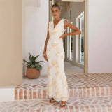 Women's dress: european and american summer 3d embroidered backless personality tie-up maxi dress - exquisite floral embroidery banquet gown