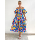 Women's summer dress: european and american style, puff sleeve, slimming maxi dress, hot girl high-waisted off-the-shoulder printed dress