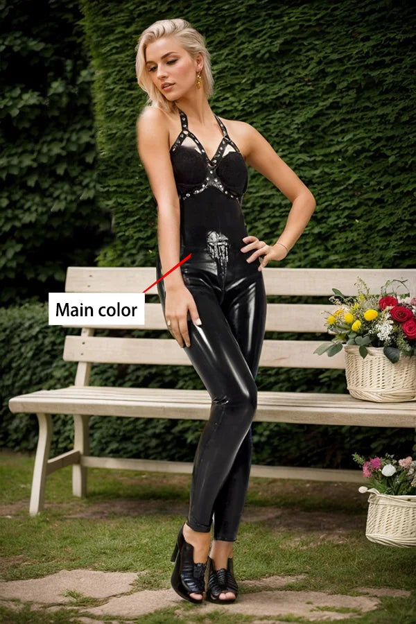 Women Latex Catsuits Halter Top Straps rivets