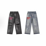 Saint m t pants spring/autumn s.m distressed ripped letter logo straight-leg jeans