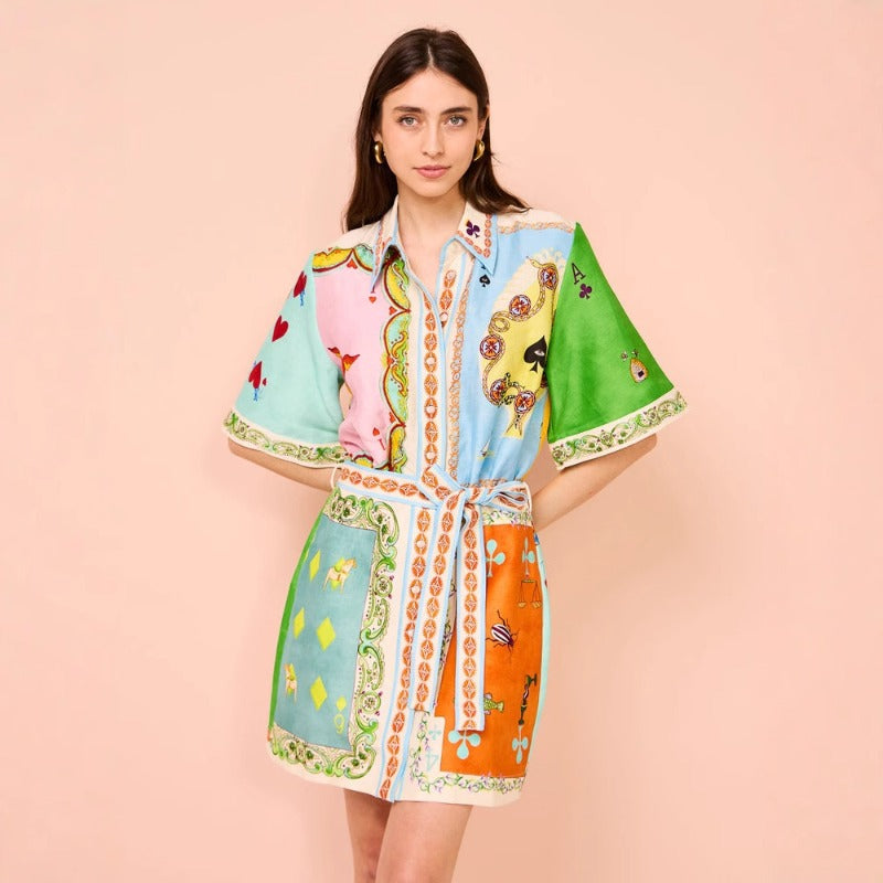Women's dress - cross-border spring/summer collection - amazon us/eu premium printed holiday dress - notch collar, cinched waist, short sleeve