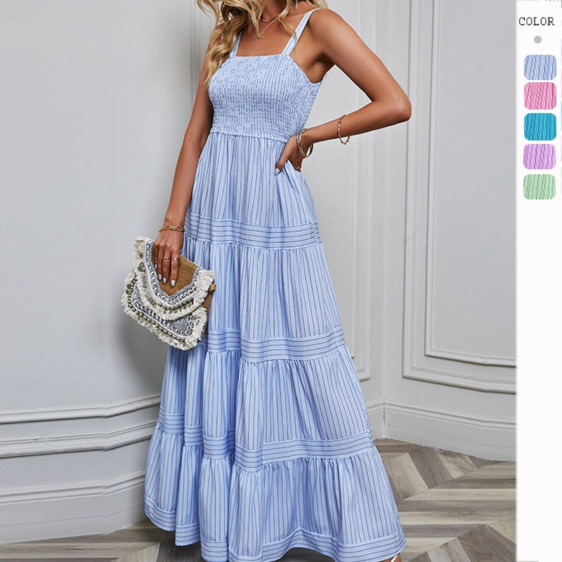 Women's dress: spring/summer new european and american style, foreign trade women's camisole dress, cinched waist, striped, vacation dress, feminine