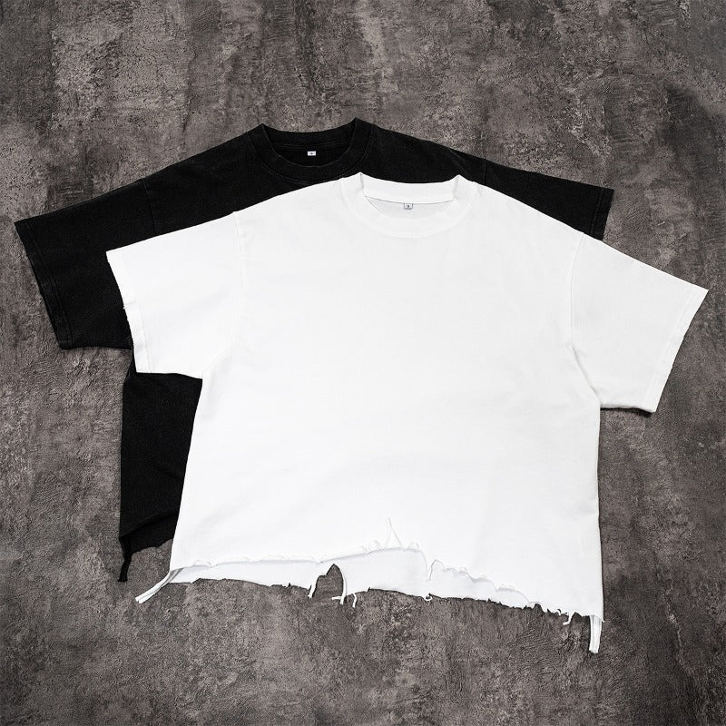 Etai men's clothing high-quality pure cotton distressed boxy short-sleeve men's t-shirt - vintage streetwear ripped tee