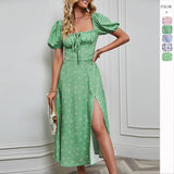 Women's dress - in-house photography - spring/summer european & american fashion - women's bubble sleeve tie-up bandeau slit floral mini dress - short sleeve