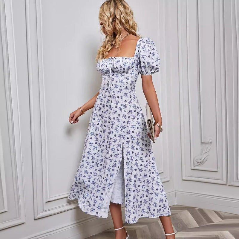Women's dress - in-house photography - spring/summer european & american fashion - women's bubble sleeve tie-up bandeau slit floral mini dress - short sleeve