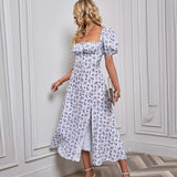 Women's dress - in-house photography - spring/summer european & american fashion - women's bubble sleeve tie-up bandeau slit floral mini dress - short sleeve