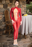 Women Latex Catsuits Translucent Front Lace Pattern