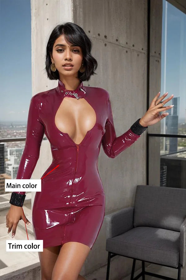 Women Latex Mini Dress Neck Buckle Open Bust