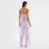 Women's french riviera style beach dress - summer sleeveless halter sundress with ruffle trim