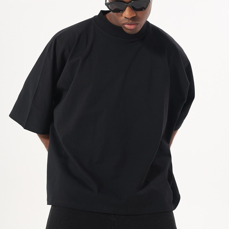 Men's fashionable brand small neck heavy cotton t-shirt men's american street loose plus size boxy short wide men's short sleeve