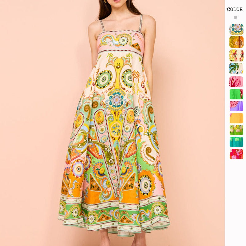 Women's summer dress: sexy spaghetti strap, high-waisted, flared maxi dress with elegant print - perfect for us & european marketplaces