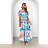 Women's dress - cross-border ready stock - amazon summer fashion casual tie-waist printed maxi dress