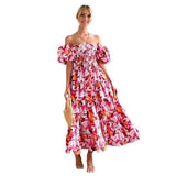 Women's summer dress: european and american style, puff sleeve, slimming maxi dress, hot girl high-waisted off-the-shoulder printed dress
