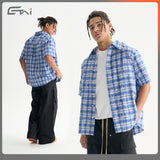 Etai men's fashion trendy distressed vintage style frayed hem plaid shirt - popular summer loose fit short sleeve shirt for men