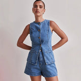 Women's pants: spring/summer amazon independent store fashion sleeveless cinched waist high-waisted loose denim shorts set (us/eu style)