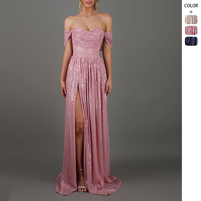 Women's dress amazon fashion banquet dress ins sequin big skirt tube top sexyfashion slit dress
