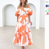 Women's dress - cross-border spring/summer amazon style elegant printed off-the-shoulder puff sleeve fashion european and american dress
