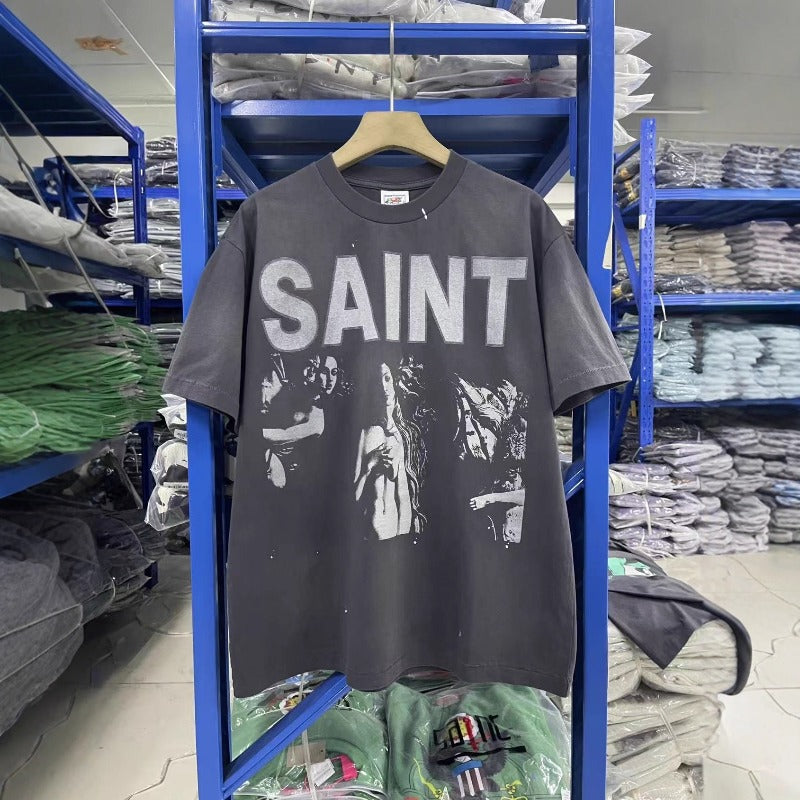 saint m t shirts  s.m character & letter graphic crew neck pullover short sleeve t-shirt - wholesale