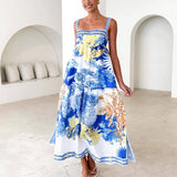Women's dress - ready-to-ship summer collection: european & american style, cross-border, vacation-inspired maxi dress with placement print and spaghetti straps