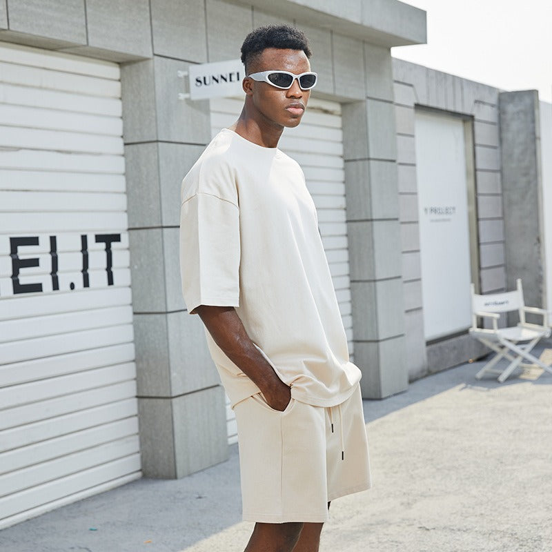 Heavyweight premium streetwear casual set - summer cotton short sleeve t-shirt and shorts matching outfit