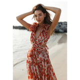 Women's dress - amazon us & europe style - instagrammable vacation maxi dress - cutout, slim fit, deep v neck, ruffle trim, floral print, open back dress