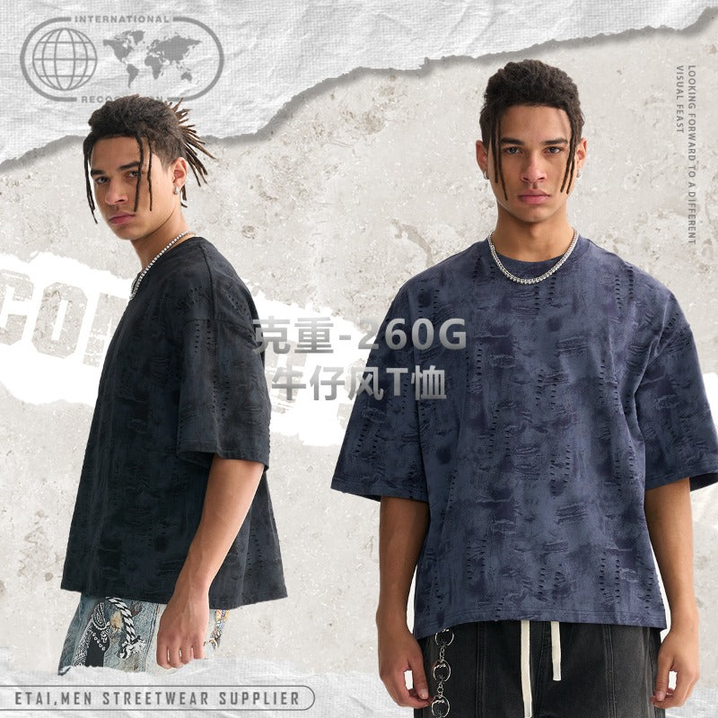 Etai men's clothing trendy distressed denim style boxy short sleeve men's t-shirt heavyweight pure cotton denim texture men's short sleeve