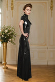 Women Black Latex Dress High Collar Puffy Sleeves
