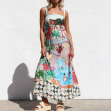 Women's dress - european & american cross-border e-commerce, aliexpress, independent website - sexy spaghetti strap, graffiti linen print, maxi swing dress for women