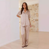 Women's solid color turn-down collar loungewear set - comfortable casual pajamas, short sleeve top and long pants - perfect for cross-border e-commerce on amazon