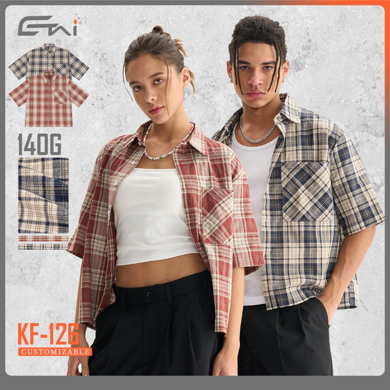 Etai men's clothing trendy color block short plaid short sleeve shirt - high quality spring/summer style - couple's boxy shirt
