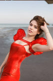 Women Red Latex Dress Shoulder Chest Cut Out