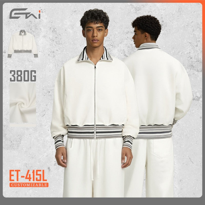 Etai men's clothing color block ribbed cardigan stand collar jacket - trendy brand autumn short oversized premium men's outerwear