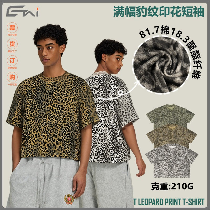 Street casuallooseshortleopard printprinting short-sleeved t-shirtmensummermen's round neck trendy brand t-shirt