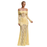 Women's dress: european and american style, elegant lace off-the-shoulder maxi dress, fashionable sexy long sleeve backless slim-fit dress for women