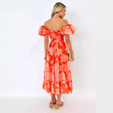 Women's summer dress - cross-border e-commerce, european & american style - amazon-ready off-the-shoulder chiffon dress with bubble sleeves and tiered print