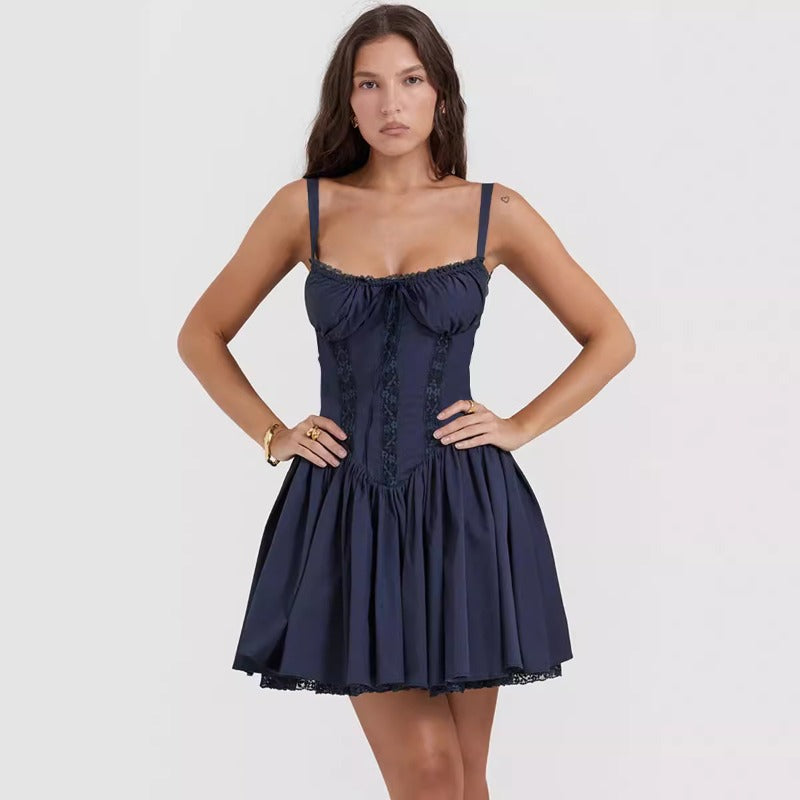 Women's dress - cross-border amazon spring/summer european and american sexy women's lace patchwork cinched waist slip dress