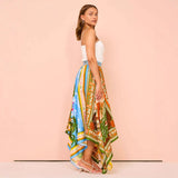 Women's dress - spring/summer long printed a-line midi skirt with asymmetrical hem and cinched waist - stylish and elegant