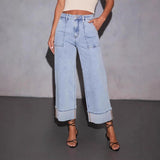 Women's stretch washed high-waisted jeans - fashionable, casual, trendy, versatile wide-leg denim pants for women