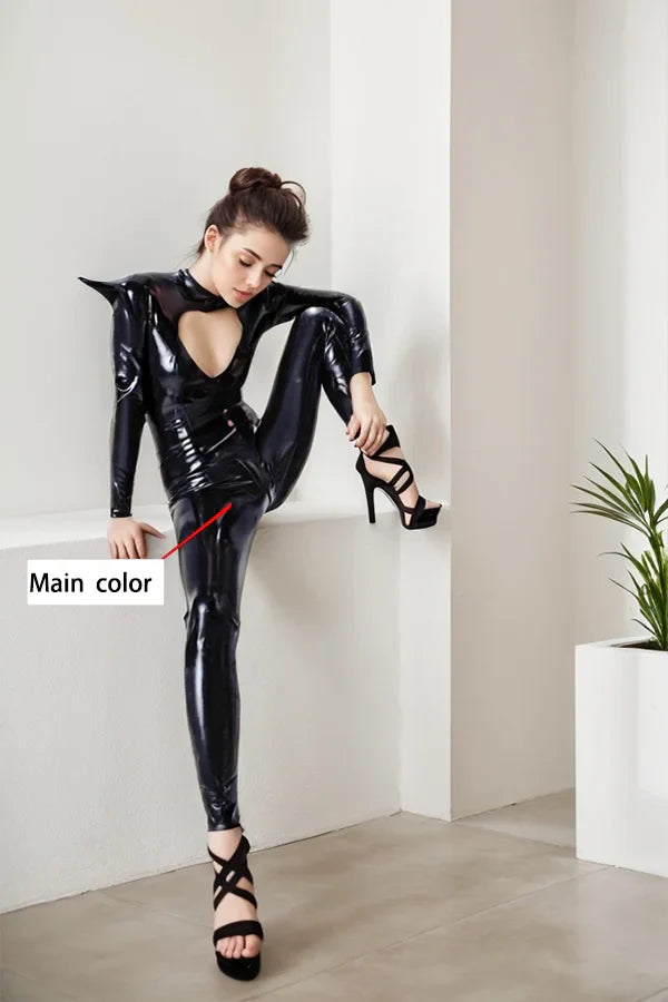 Women Latex Catsuits Black Cutout chest