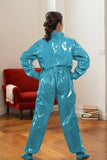 Women Latex Catsuits Ruffled Collar Blue