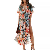 Women's dress - amazon cross-border summer european and american style sexy high-waisted fashion printed slit dress