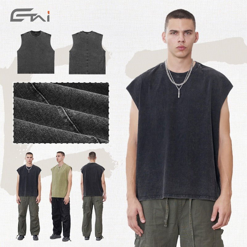 Etai men's clothing american retro loose sleeveless trendy brand t-shirt spring/summer new arrival washed pure cotton frayed hem tank top for men