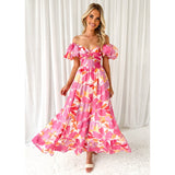 Women's dress - cross-border fashion, spring/summer, amazon style, elegant, slim-fit, printed, puff sleeve, high-end maxi dress for women