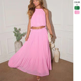 Women's spring european and american style sexy hollow-out pleated halter top and fashionable elegant midi skirt set